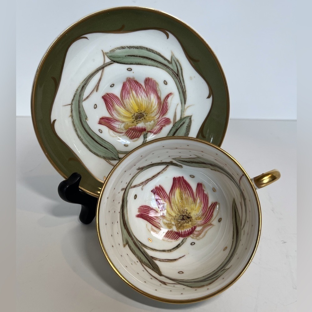 English Bone China Floral Decorated Footed Cup and Saucer by Suzie Cooper